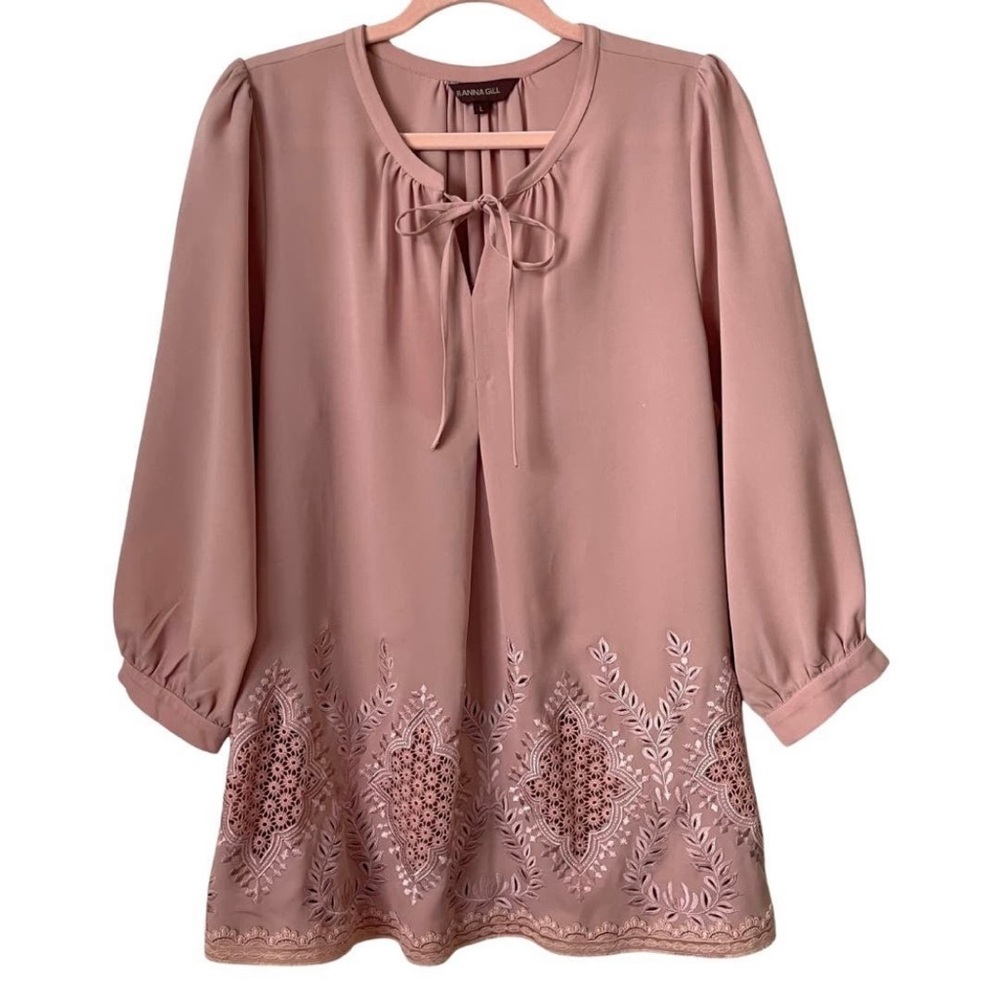 Anthropologie Ranna Gill Top Womens Large Pink Embroidered Long Sleeve Tunic